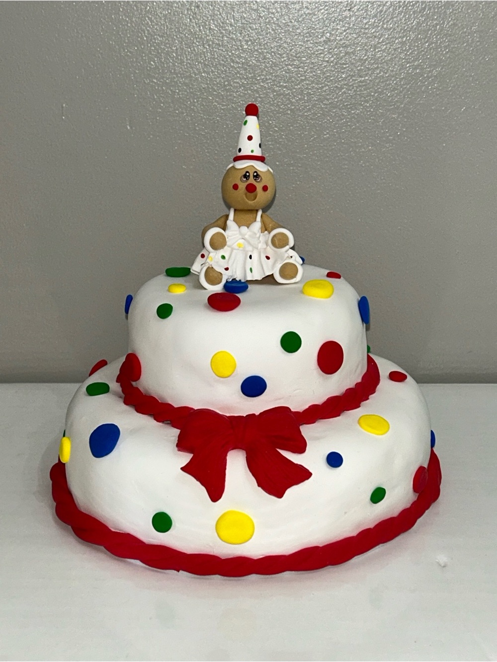 Gingerbread Clown Fake Cake Decoration - White with Red Accents HANDMADE